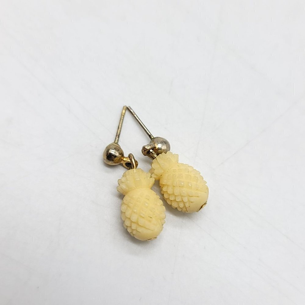 Gold Tone White Carved Bovine Bone Pineapple Dangle Post Earrings Vintage